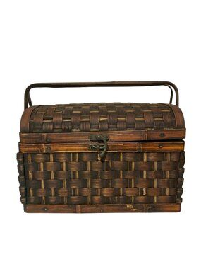 Vintage Woven Wooden Wicker Picnic Basket Chest With Hinged Handle And Latch